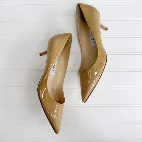 Jimmy Choo Anouk Kitten Heel Pumps Patent Leather Nude Tan Pointed Toe - Picture 3 of 12